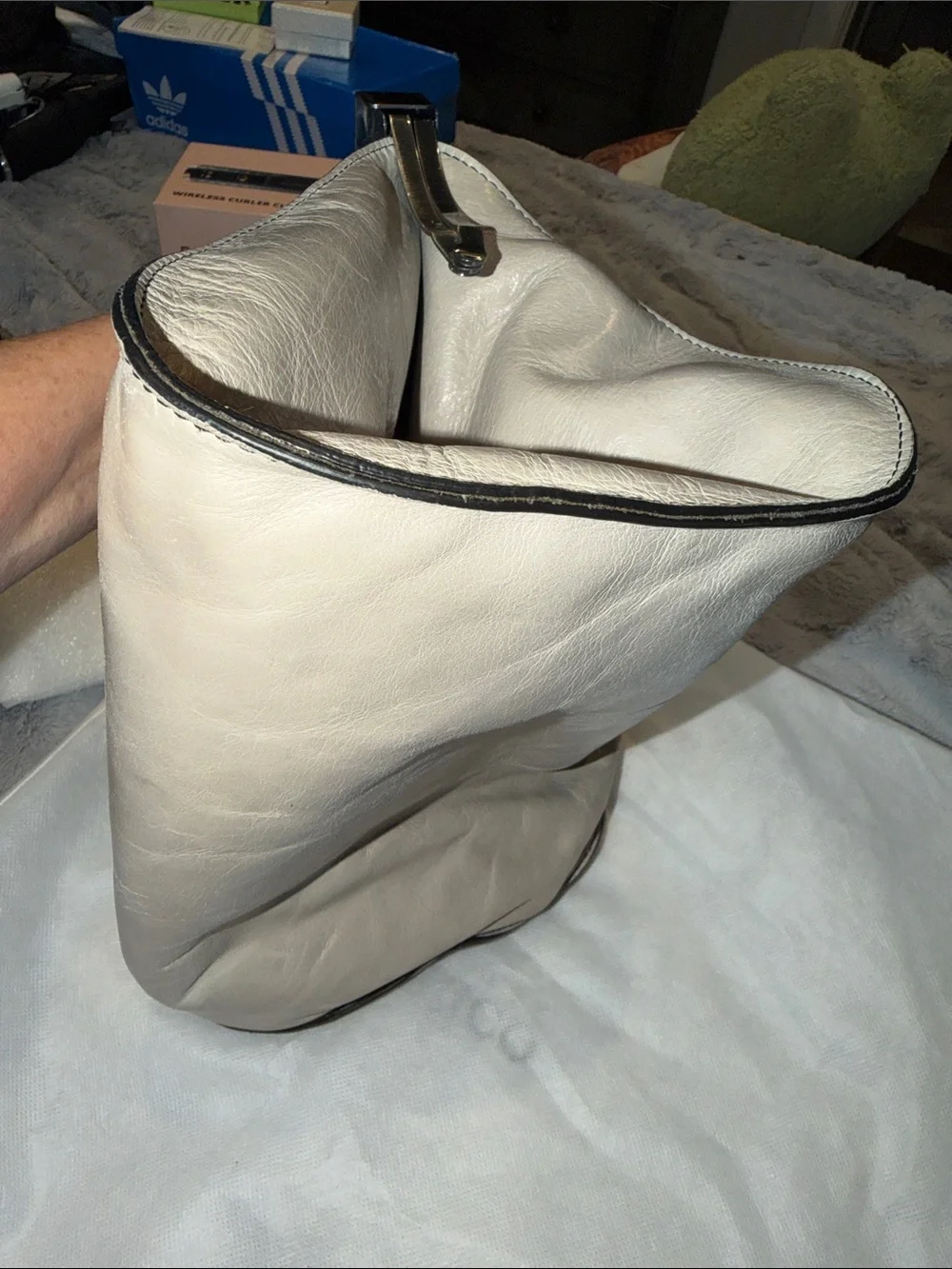 Taupe Leather Satchel with Rotary Dial Accent